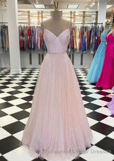 Lavender Semi Formal Prom Dresses, A-line V Neck Spaghetti Straps Long/Floor-Length Tulle Semi Formal Prom Dress With Beading Sequins